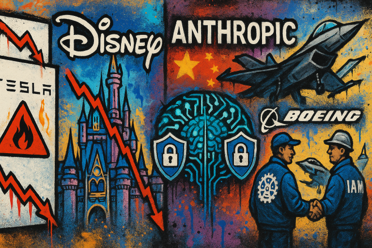 US digest: Tesla plunge, Disney earnings and Anthropic cyberattack